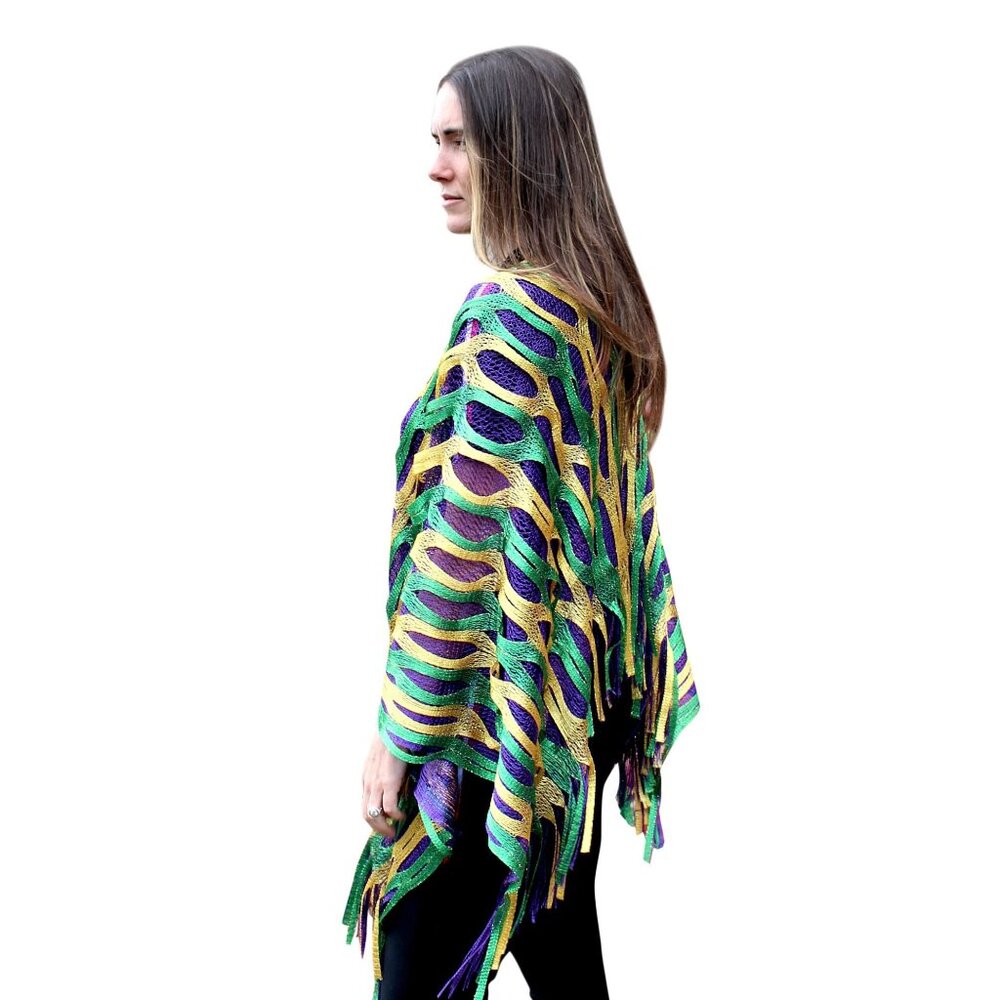 Mardi Gras Sparkling Fishnet Poncho Coverup with Tassels One Size Purple Gold - Picture 5 of 6